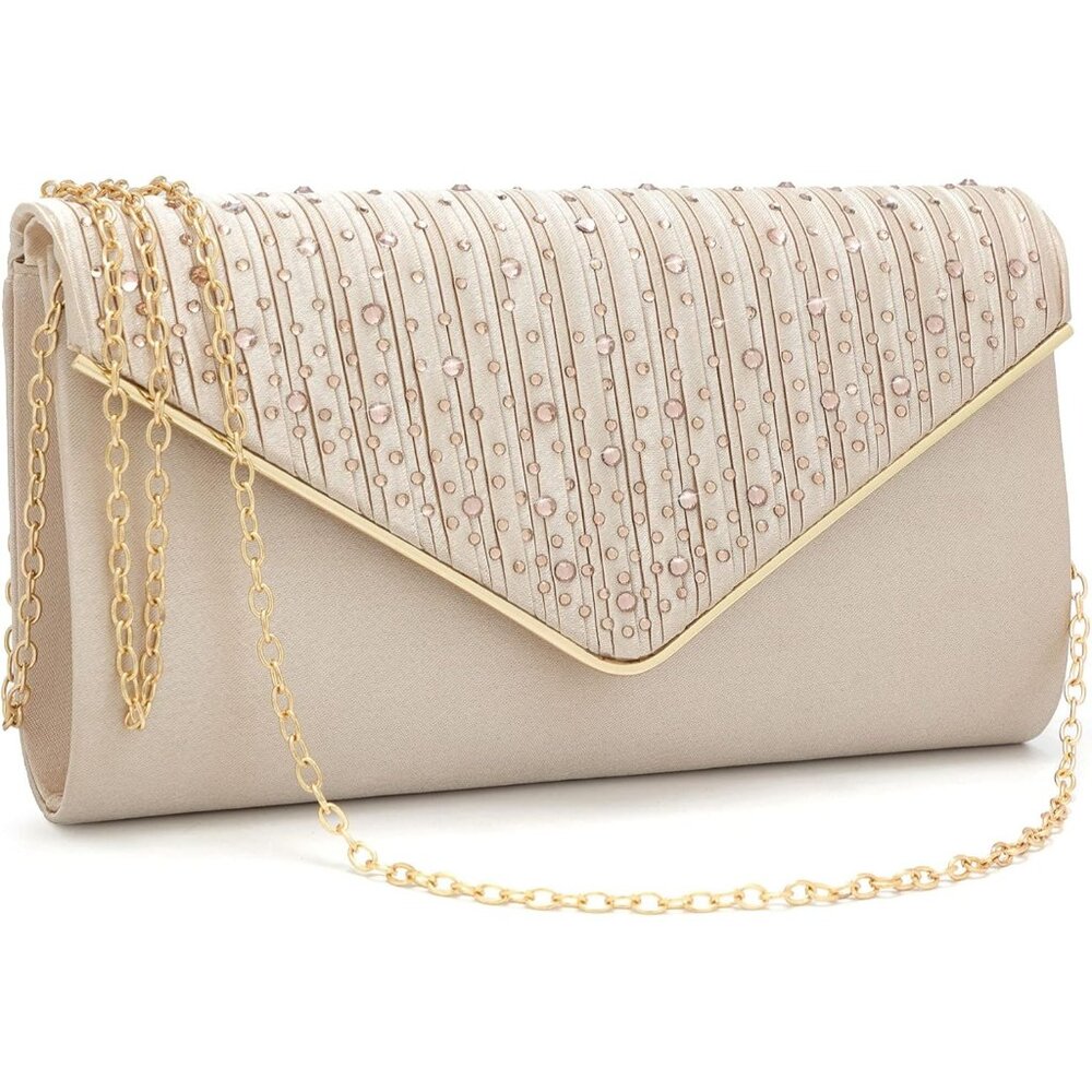 ⚡ Women's Evening Rhinestones Envelope Style Chain Strap Tan Clutch Handbag